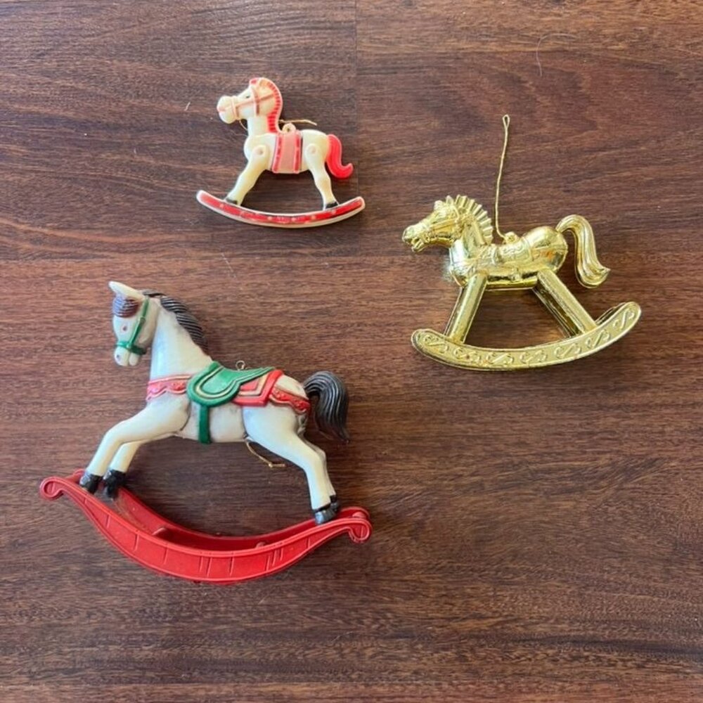 Vintage Rocking Horse Ornaments Lot of 3 Plastic & Gold Christmas Decor